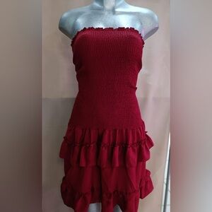 Coral strapless dress.